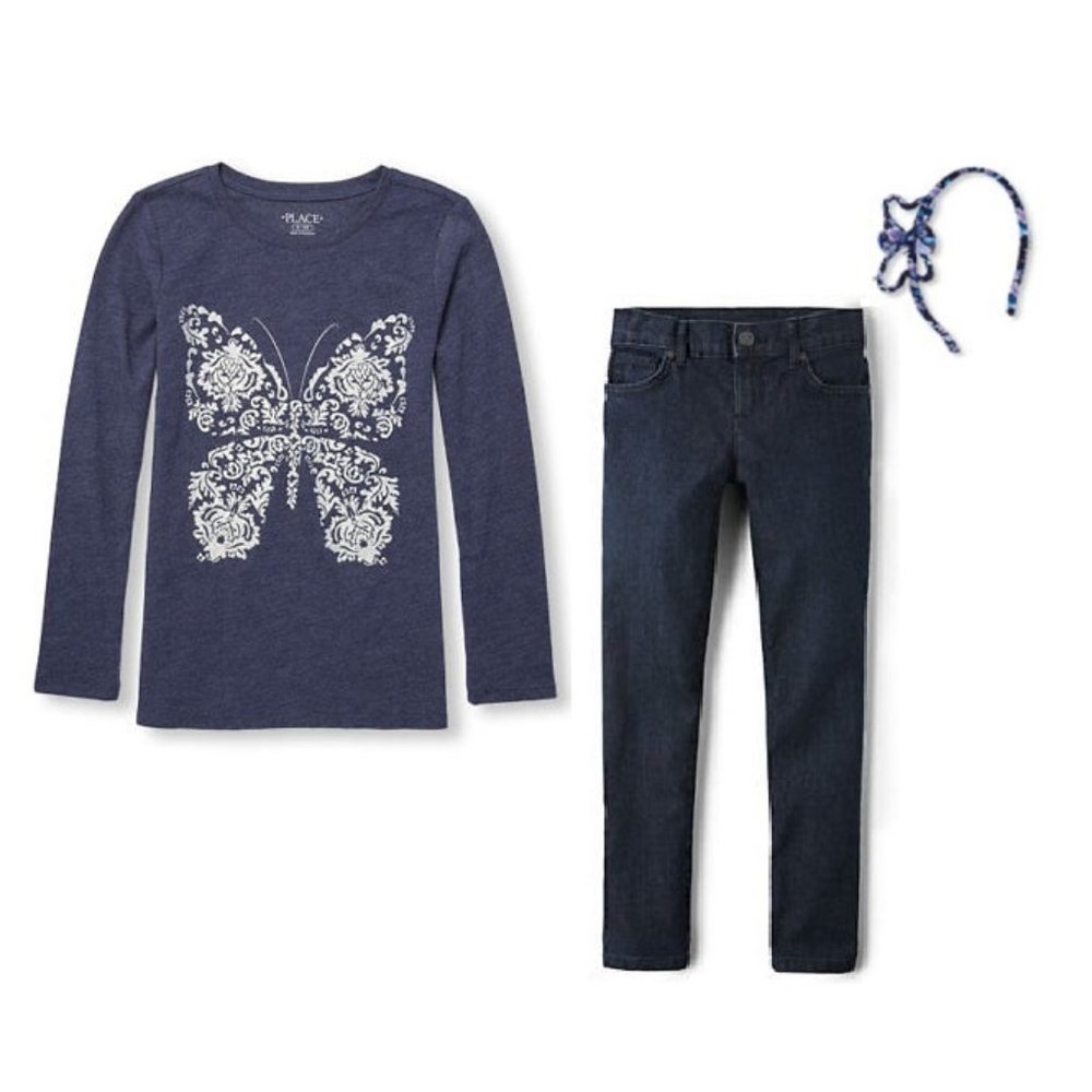 NEW The Children's Place 3pc Set BUTTERFLY Tee, Skinny Jeans, Headband